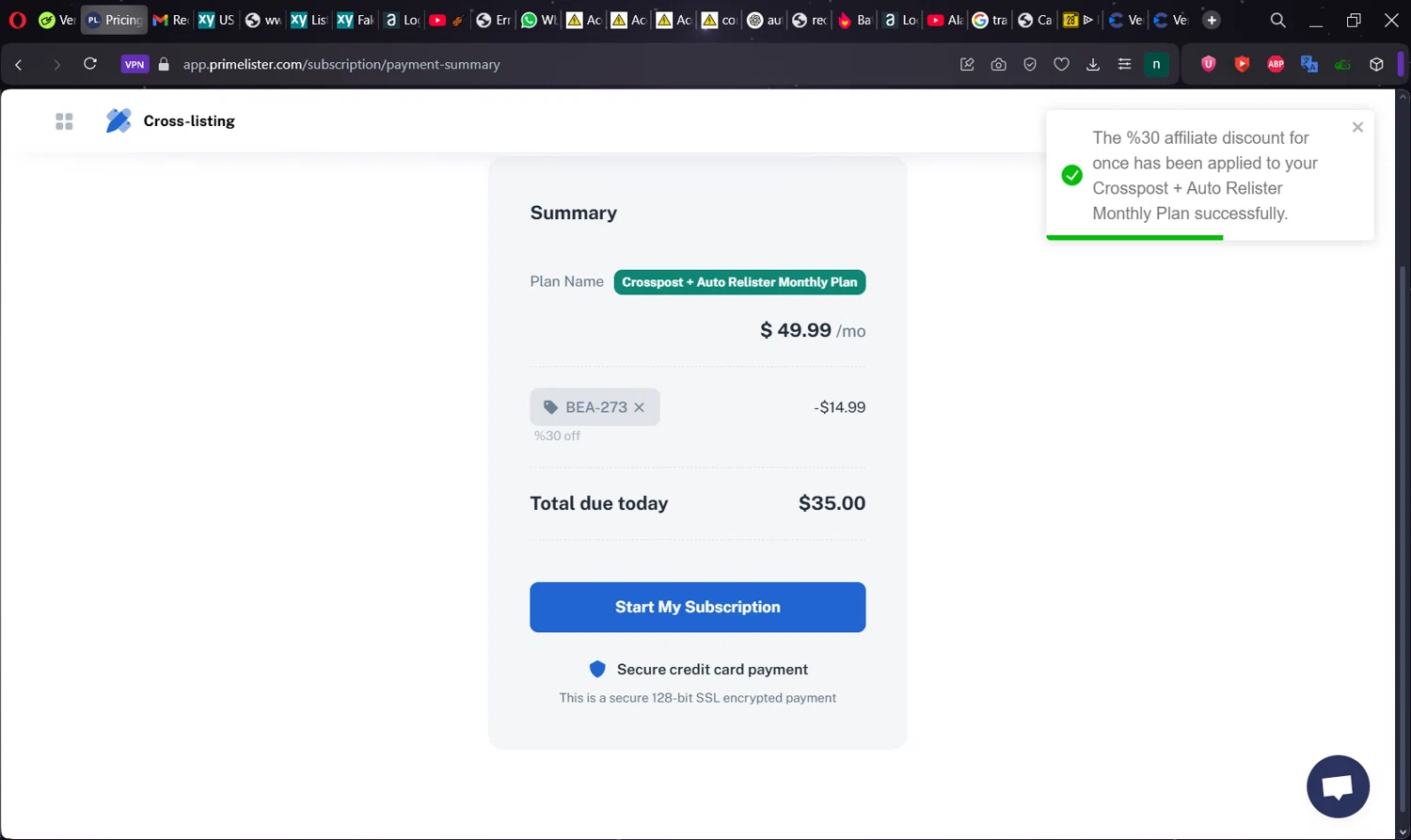 PrimeLister discount code screenshot showing code BEA-273 applied at PrimeLister checkout page. Uploaded by SimplyCodes community member Norman_KSD on Jun 16, 2025
