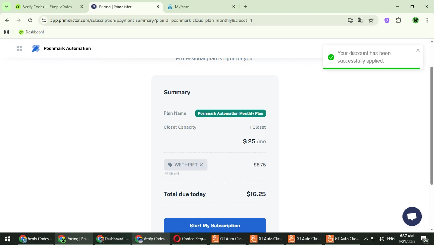 PrimeLister checkout page showing PrimeLister discount code box | Screenshot taken by SimplyCodes community member on Sep 21, 2025