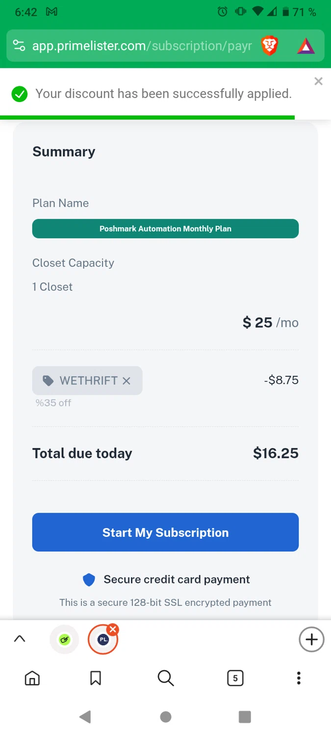 PrimeLister discount code screenshot showing code WETHRIFT applied at PrimeLister checkout page. Uploaded by SimplyCodes community member victor on Oct 20, 2025