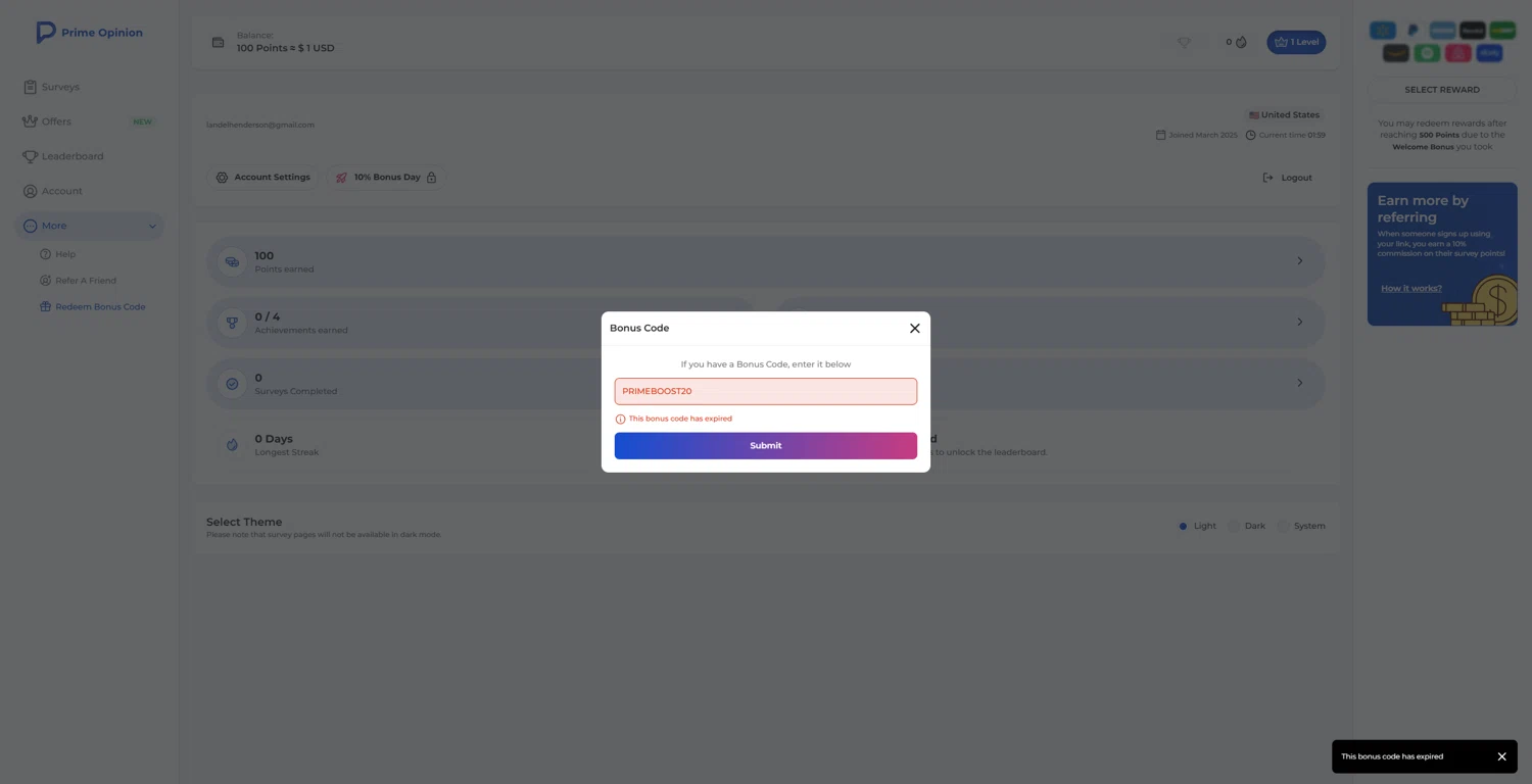 Prime Opinion US promo code screenshot showing code PRIMEBOOST20 applied at Prime Opinion US checkout page. Uploaded by SimplyCodes community member Tenmyoldy on Mar 3, 2025