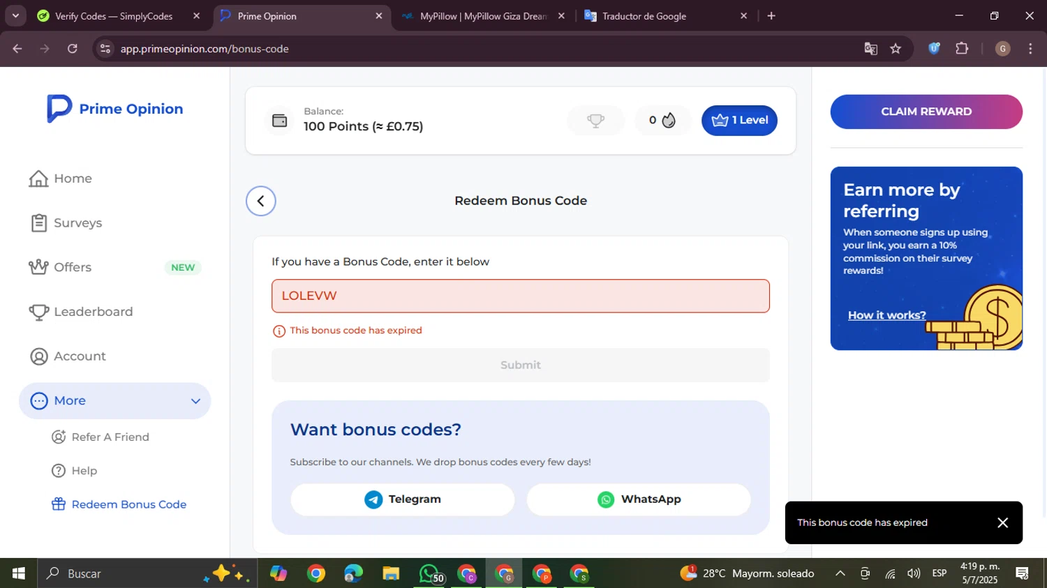 Prime Opinion US promo code screenshot showing code LOLEVW applied at Prime Opinion US checkout page. Uploaded by SimplyCodes community member BrilliantTracker4207 on Jul 5, 2025