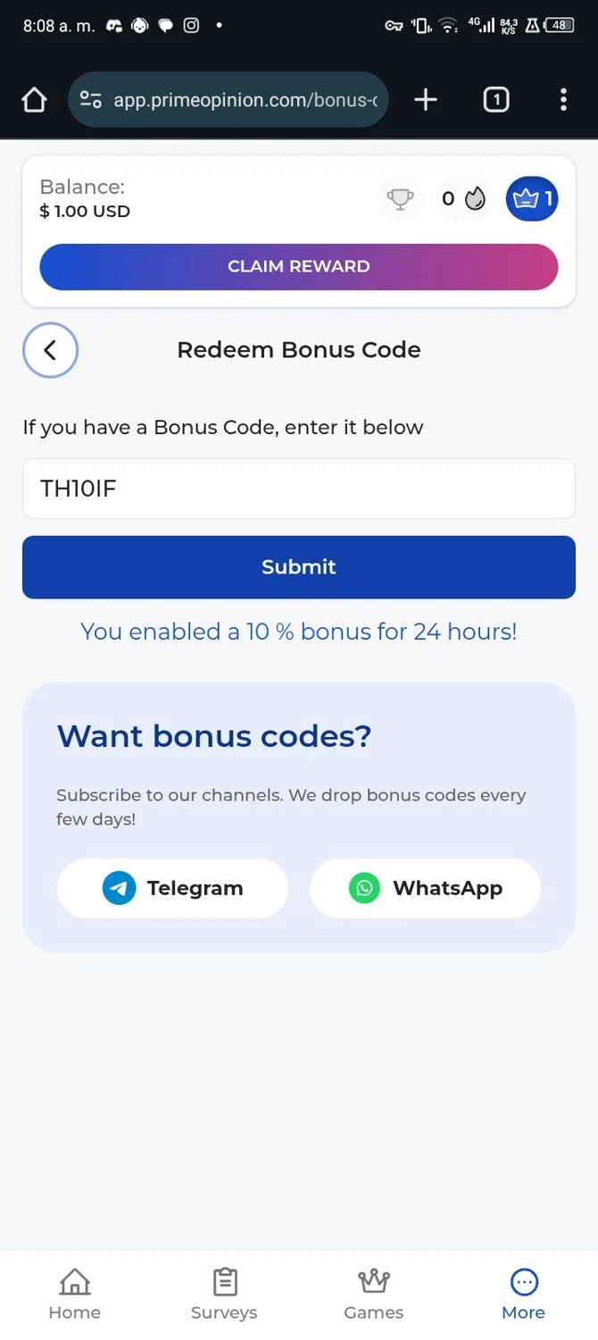 Prime Opinion US promo code screenshot showing code TH10IF applied at Prime Opinion US checkout page. Uploaded by SimplyCodes community member Nickurtdale on Oct 18, 2025
