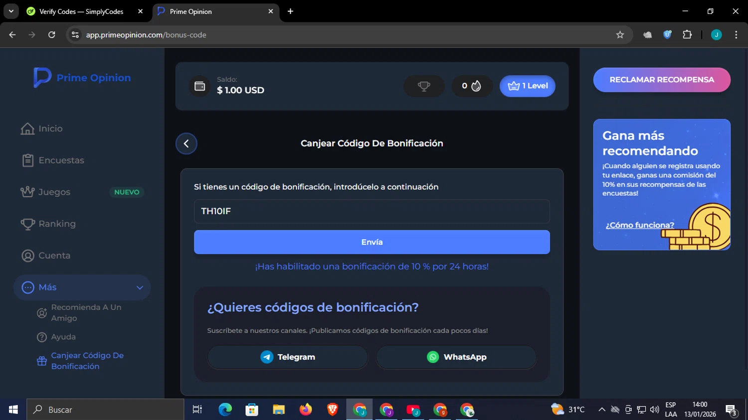 Prime Opinion US checkout page showing Prime Opinion US promo code box | Screenshot taken by SimplyCodes community member on Jan 13, 2026