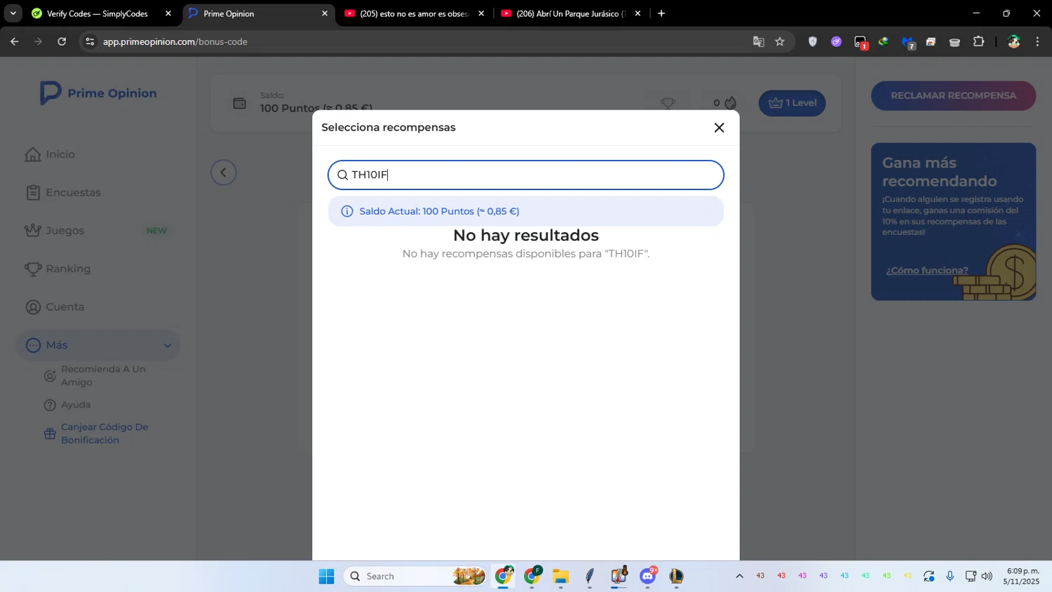 Prime Opinion US promo code screenshot showing code TH10IF applied at Prime Opinion US checkout page. Uploaded by SimplyCodes community member franalepe on Nov 5, 2025