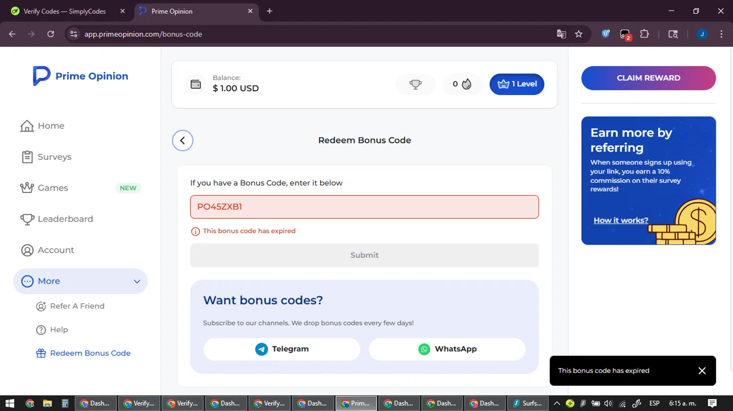 Prime Opinion US promo code screenshot showing code PO45ZXB1 applied at Prime Opinion US checkout page. Uploaded by SimplyCodes community member noesmith34ur on Feb 12, 2026