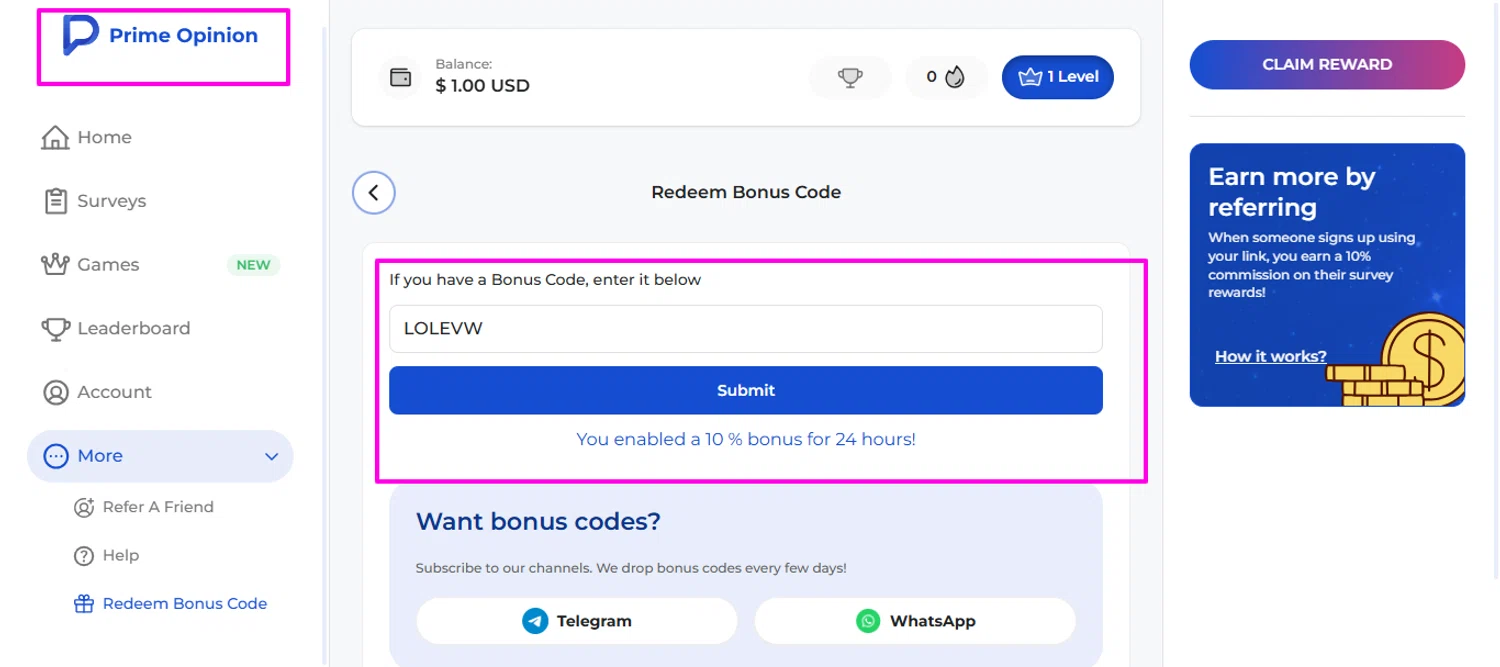 Prime Opinion US promo code screenshot showing code LOLEVW applied at Prime Opinion US checkout page. Uploaded by SimplyCodes community member mrdarcy on Feb 3, 2026