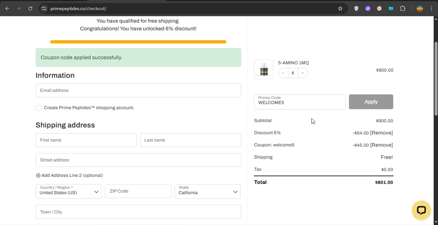 Prime Peptides checkout page showing Prime Peptides discount code box | Screenshot taken by SimplyCodes community member on Oct 18, 2025