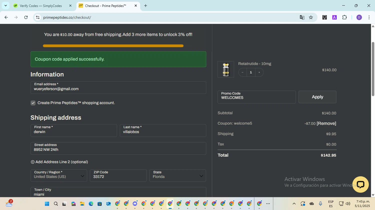 Prime Peptides discount code screenshot showing code WELCOME5 applied at Prime Peptides checkout page. Uploaded by SimplyCodes community member SavingsGuardian5156 on Nov 5, 2025