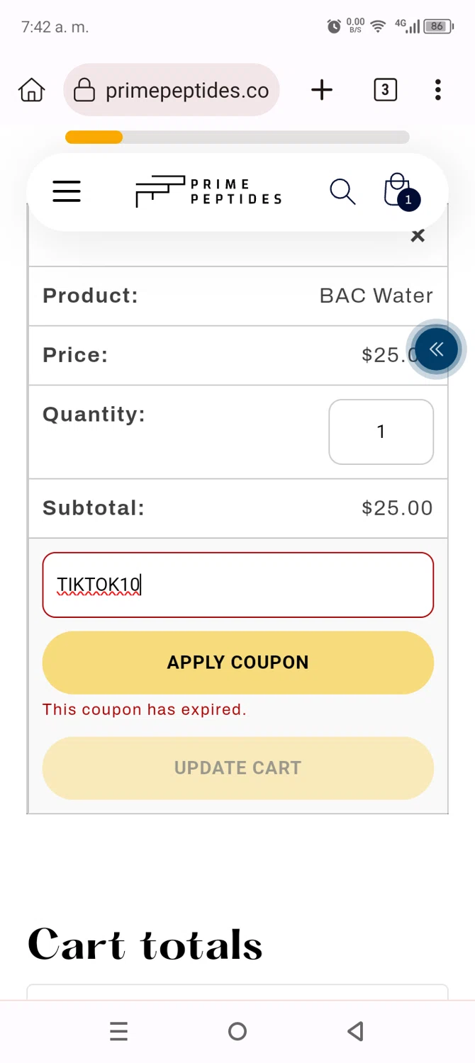 Prime Peptides discount code screenshot showing code TIKTOK10 applied at Prime Peptides checkout page. Uploaded by SimplyCodes community member Anthony_Diaz on Sep 22, 2025