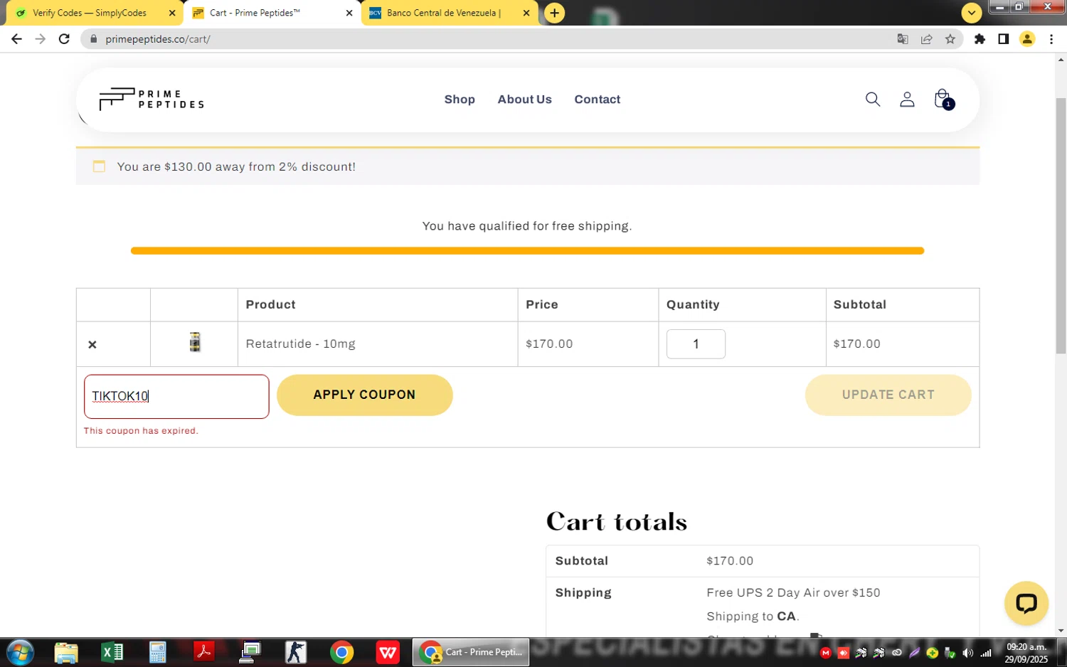 Prime Peptides discount code screenshot showing code TIKTOK10 applied at Prime Peptides checkout page. Uploaded by SimplyCodes community member QuestSage1300 on Sep 29, 2025