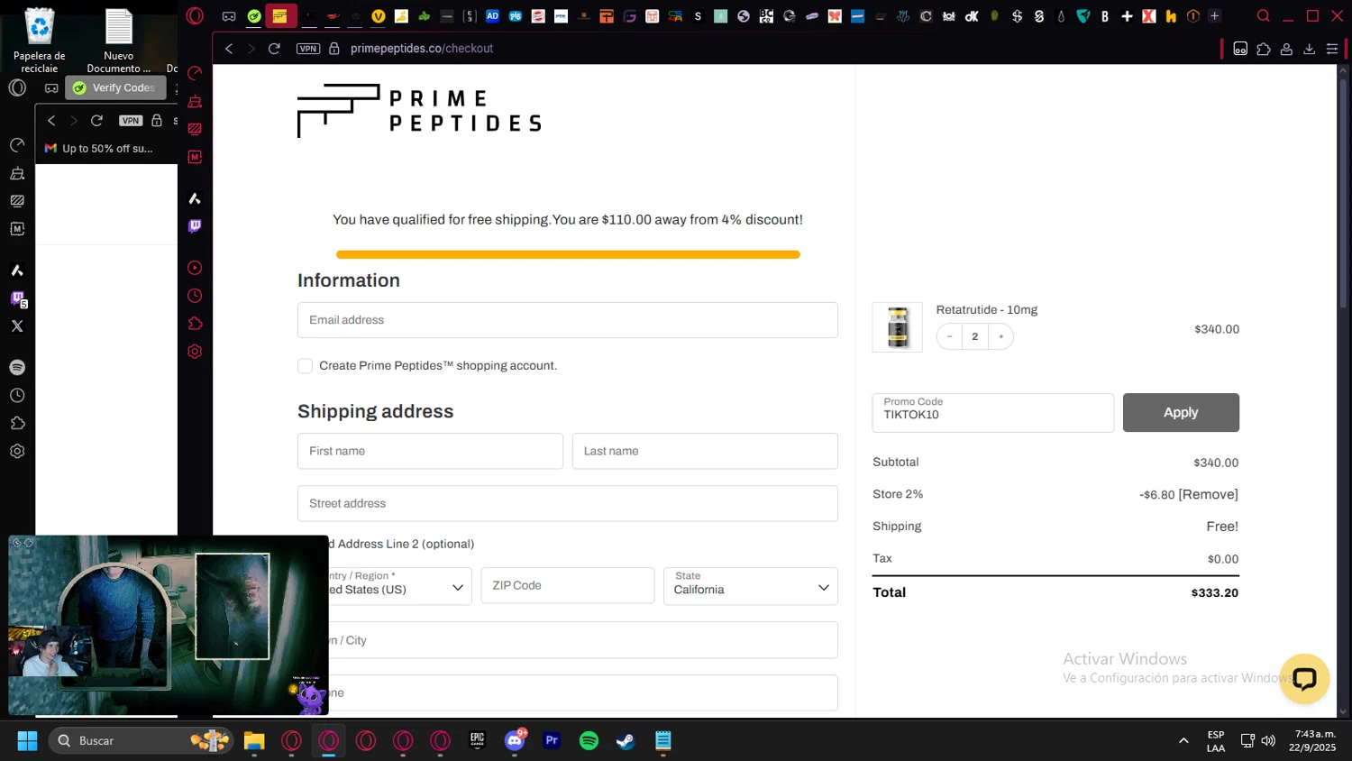 Prime Peptides discount code screenshot showing code TIKTOK10 applied at Prime Peptides checkout page. Uploaded by SimplyCodes community member leonardocamacho2 on Sep 22, 2025