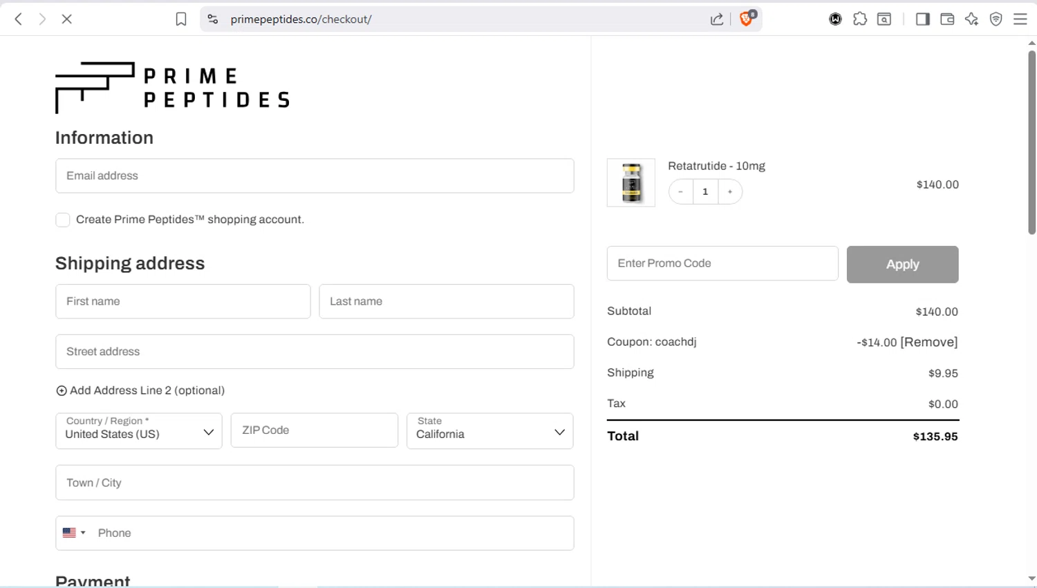 Prime Peptides checkout page showing Prime Peptides discount code box | Screenshot taken by SimplyCodes community member on Jan 25, 2026