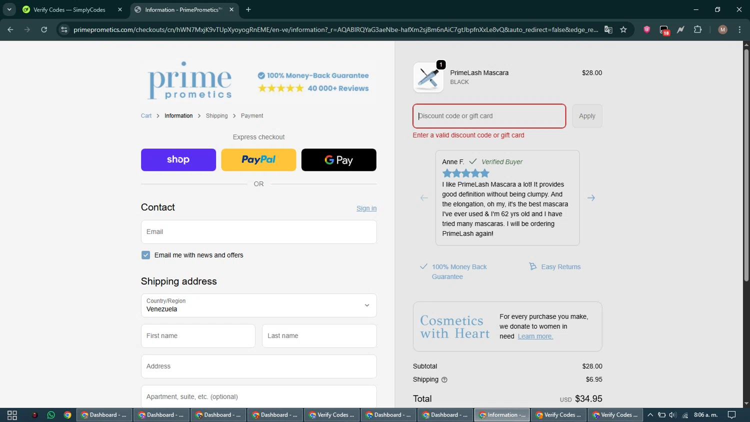 PrimePrometics discount code screenshot showing code SIMPLYCODES applied at PrimePrometics checkout page. Uploaded by SimplyCodes community member DiscountTitan4635 on Jan 8, 2026
