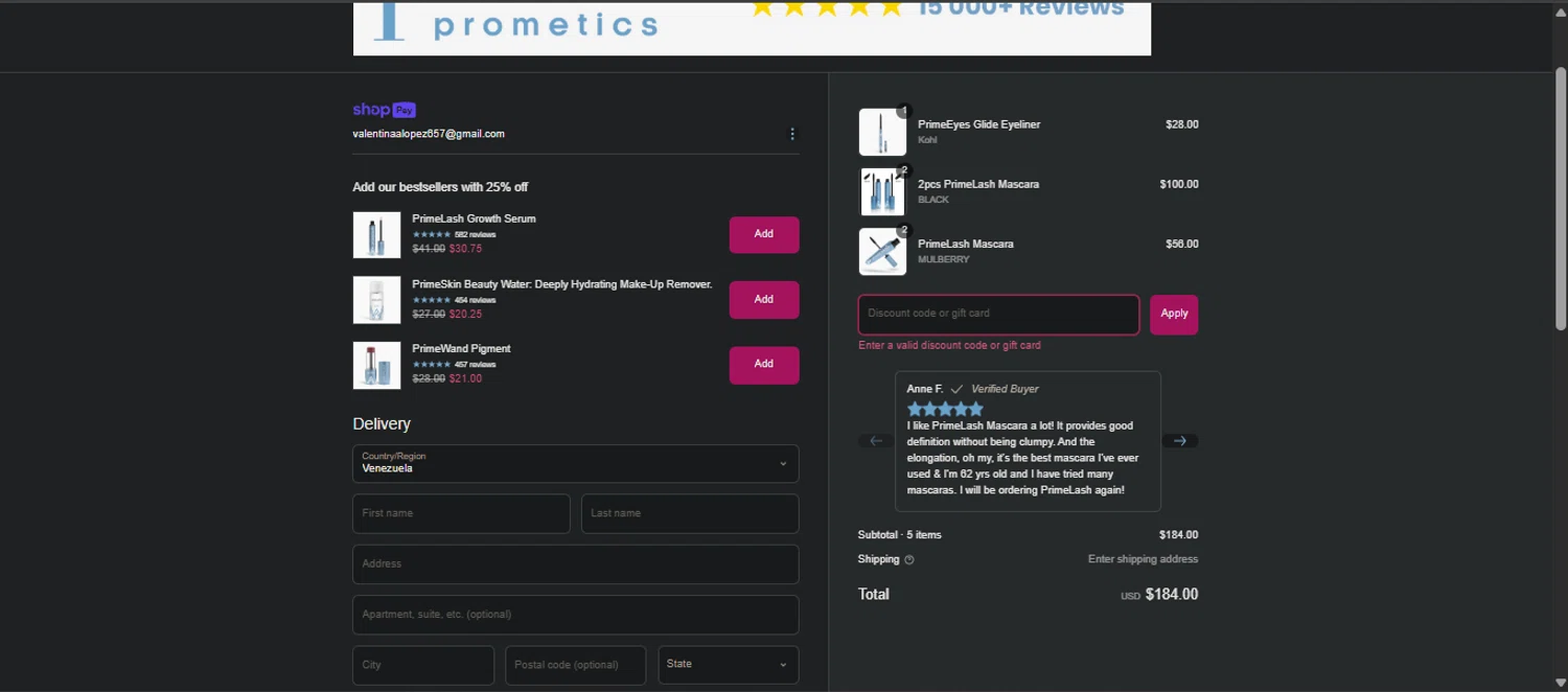 PrimePrometics discount code screenshot showing code SIMPLYCODES applied at PrimePrometics checkout page. Uploaded by SimplyCodes community member Nicoletorres on Apr 16, 2025