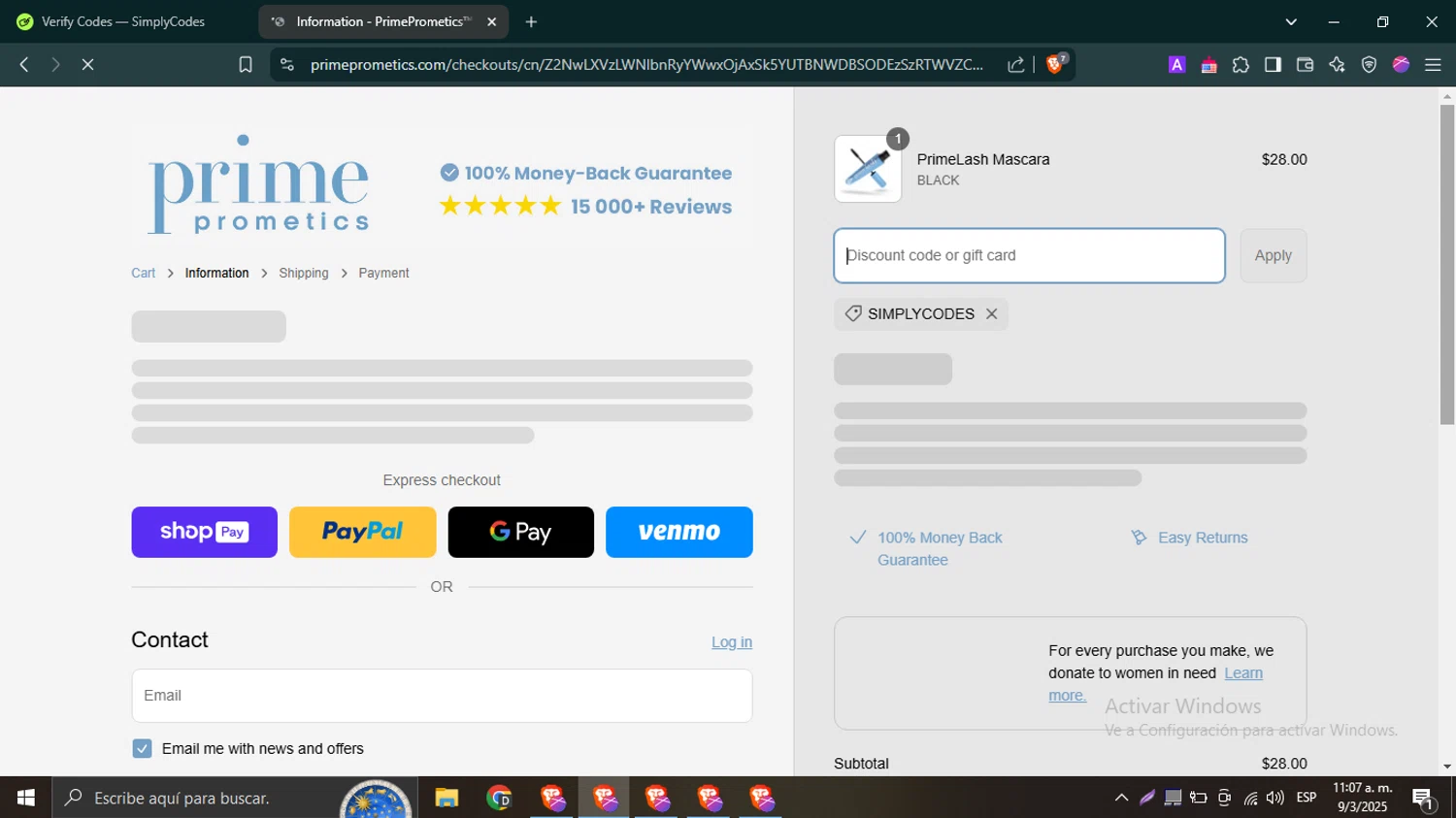 PrimePrometics checkout page showing PrimePrometics discount code box | Screenshot taken by SimplyCodes community member on Mar 9, 2025