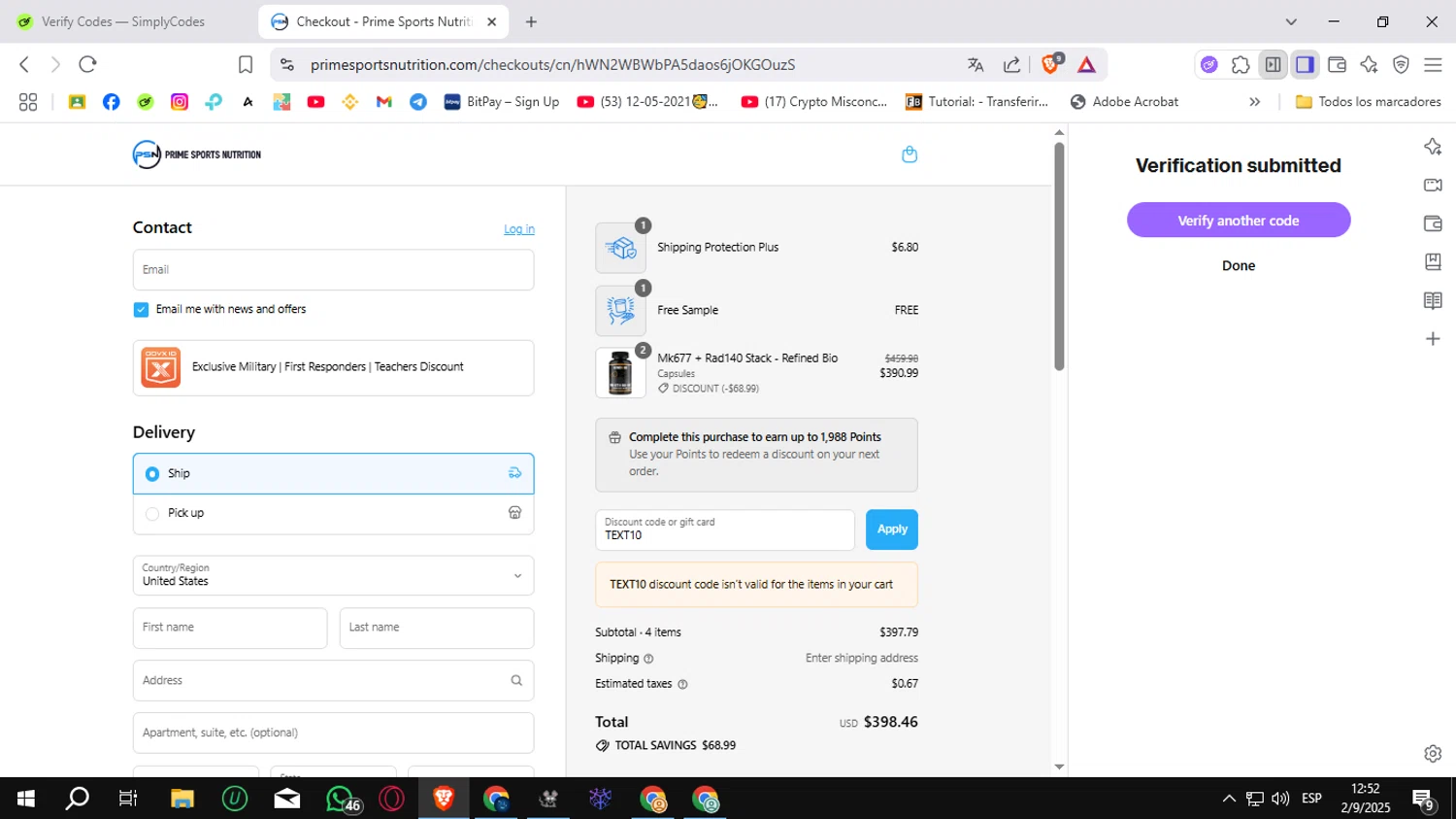 Prime Sports Nutrition discount code screenshot showing code TEXT10 applied at Prime Sports Nutrition checkout page. Uploaded by SimplyCodes community member Sungjinwoo on Sep 2, 2025