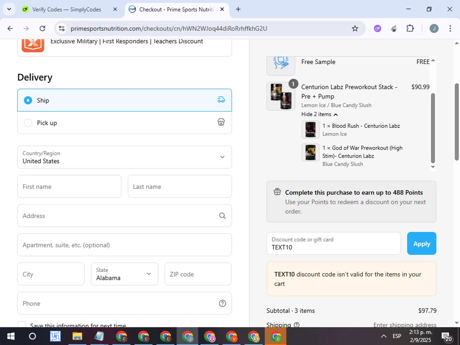 Prime Sports Nutrition discount code screenshot showing code TEXT10 applied at Prime Sports Nutrition checkout page. Uploaded by SimplyCodes community member ValueTracker8384 on Sep 2, 2025
