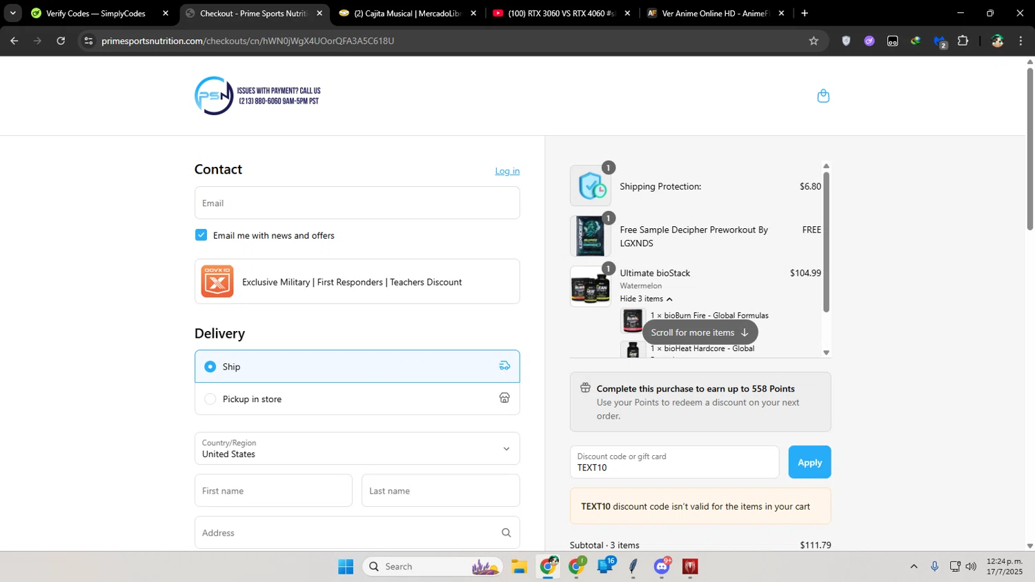 Prime Sports Nutrition discount code screenshot showing code TEXT10 applied at Prime Sports Nutrition checkout page. Uploaded by SimplyCodes community member franalepe on Jul 17, 2025