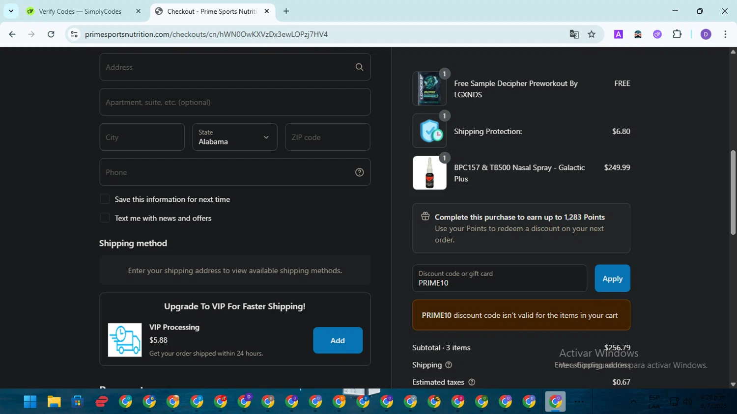 Prime Sports Nutrition discount code screenshot showing code PRIME10 applied at Prime Sports Nutrition checkout page. Uploaded by SimplyCodes community member EpicSpotter8045 on Jul 8, 2025