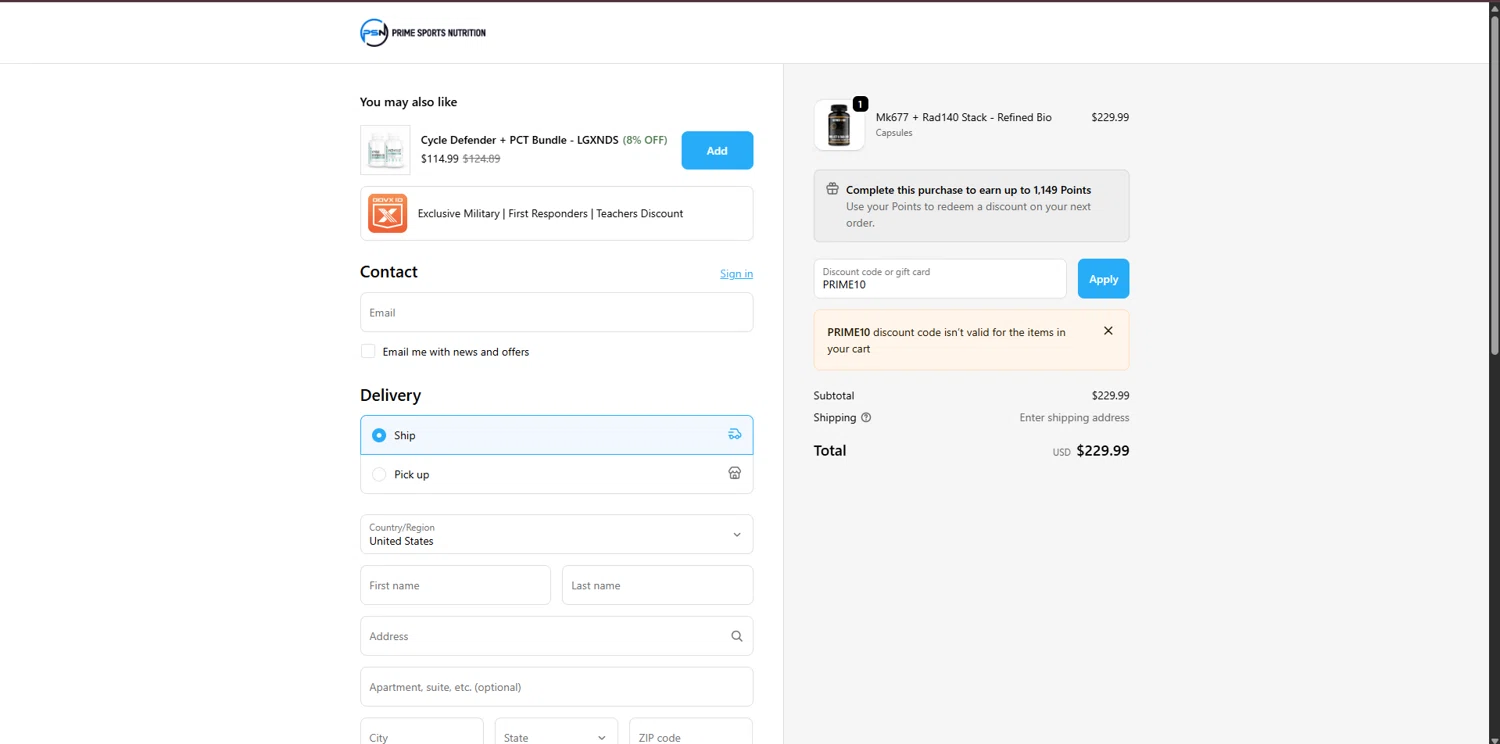 Prime Sports Nutrition discount code screenshot showing code PRIME10 applied at Prime Sports Nutrition checkout page. Uploaded by SimplyCodes community member FortunateDefender7285 on Oct 13, 2025