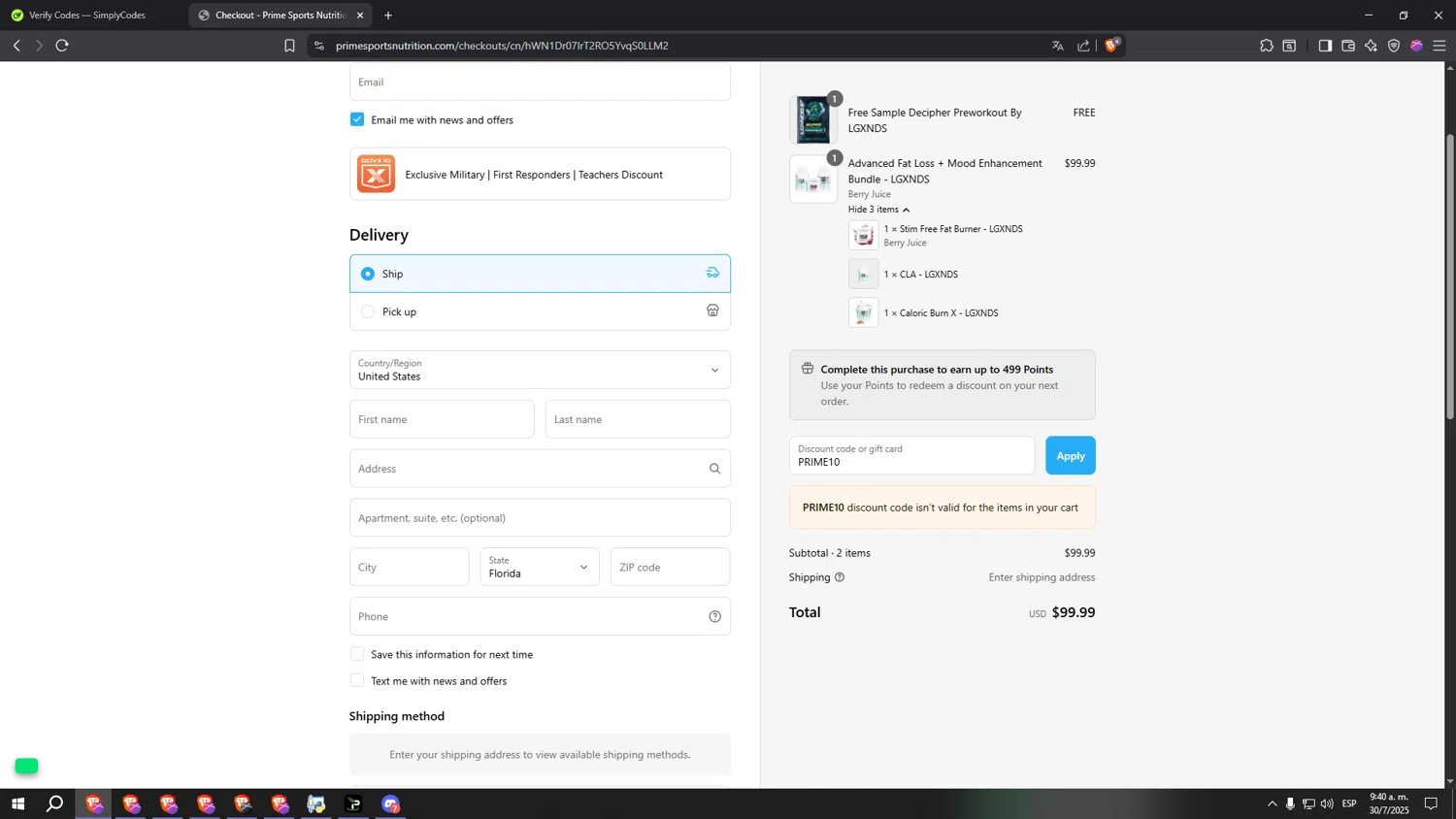 Prime Sports Nutrition discount code screenshot showing code PRIME10 applied at Prime Sports Nutrition checkout page. Uploaded by SimplyCodes community member kkkkkkkkkkkkkkkkkkkk on Jul 30, 2025