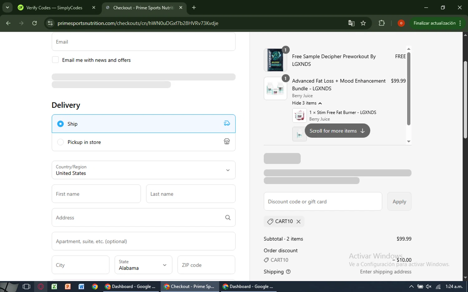 Prime Sports Nutrition discount code screenshot showing code CART10 applied at Prime Sports Nutrition checkout page. Uploaded by SimplyCodes community member CashAdmiral6490 on Jul 22, 2025