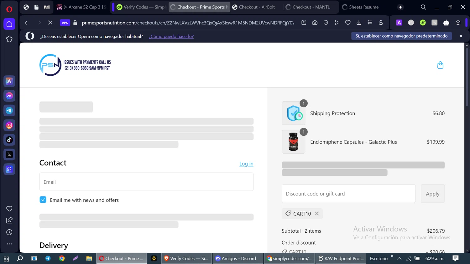 Prime Sports Nutrition discount code screenshot showing code CART10 applied at Prime Sports Nutrition checkout page. Uploaded by SimplyCodes community member tallervictor on Feb 1, 2025