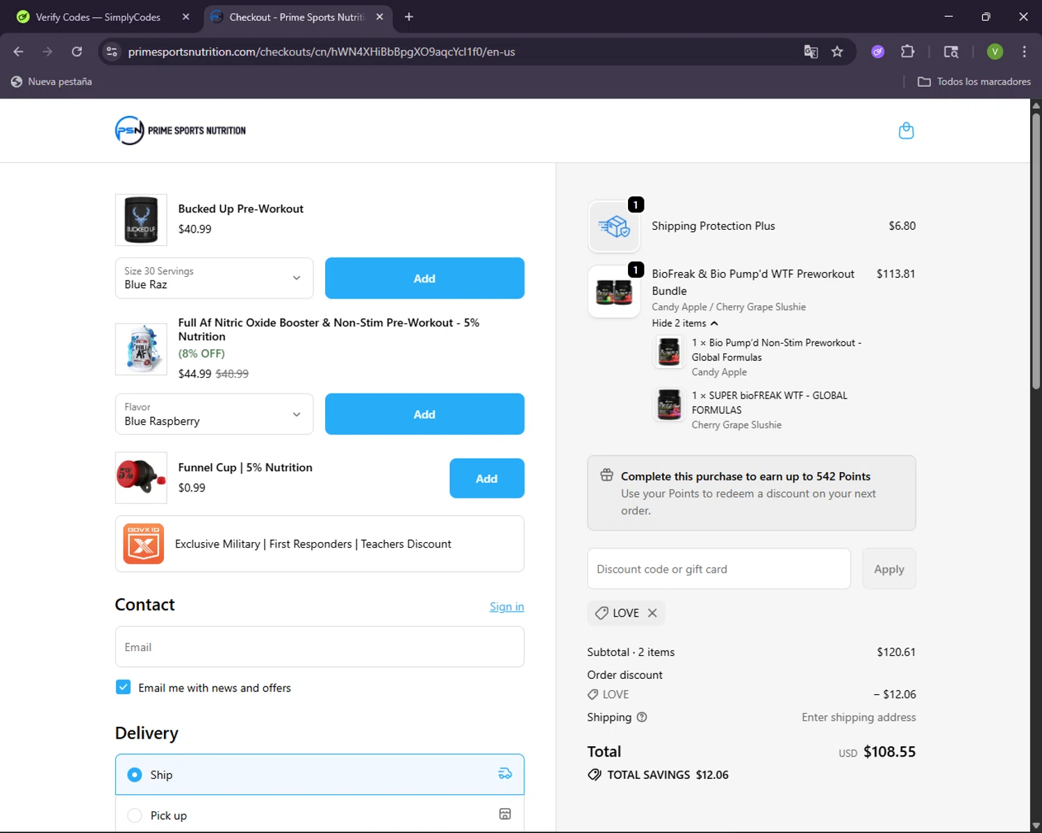 Prime Sports Nutrition discount code screenshot showing code LOVE applied at Prime Sports Nutrition checkout page. Uploaded by SimplyCodes community member CleverNavigator1236 on Oct 25, 2025