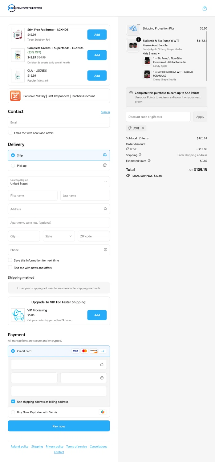Prime Sports Nutrition discount code screenshot showing code LOVE applied at Prime Sports Nutrition checkout page. Uploaded by SimplyCodes community member WladimirV on Oct 13, 2025