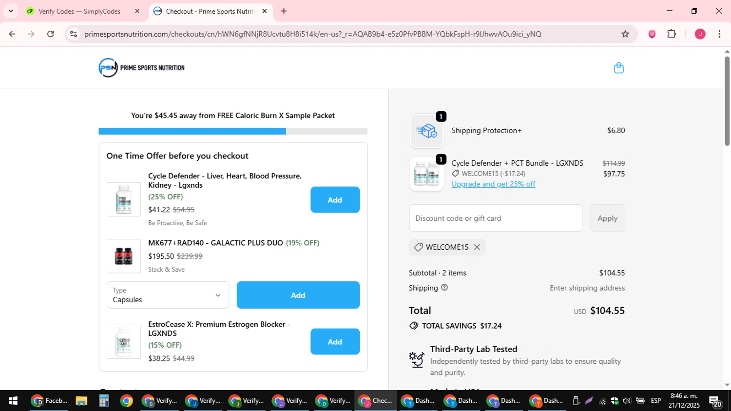 Prime Sports Nutrition discount code screenshot showing code WELCOME15 applied at Prime Sports Nutrition checkout page. Uploaded by SimplyCodes community member JackWilson63 on Dec 21, 2025