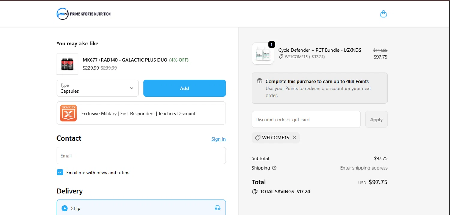 Prime Sports Nutrition discount code screenshot showing code WELCOME15 applied at Prime Sports Nutrition checkout page. Uploaded by SimplyCodes community member juanisaac on Oct 12, 2025
