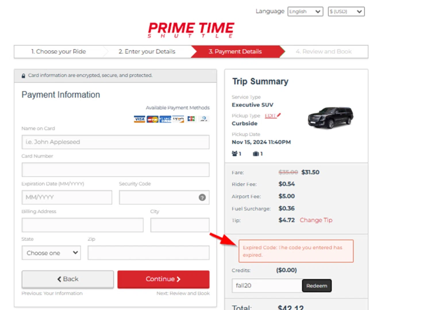 Prime Time Shuttle promo code screenshot showing code fall20 applied at Prime Time Shuttle checkout page. Uploaded by SimplyCodes community member SimplyCVerlie on Feb 21, 2025