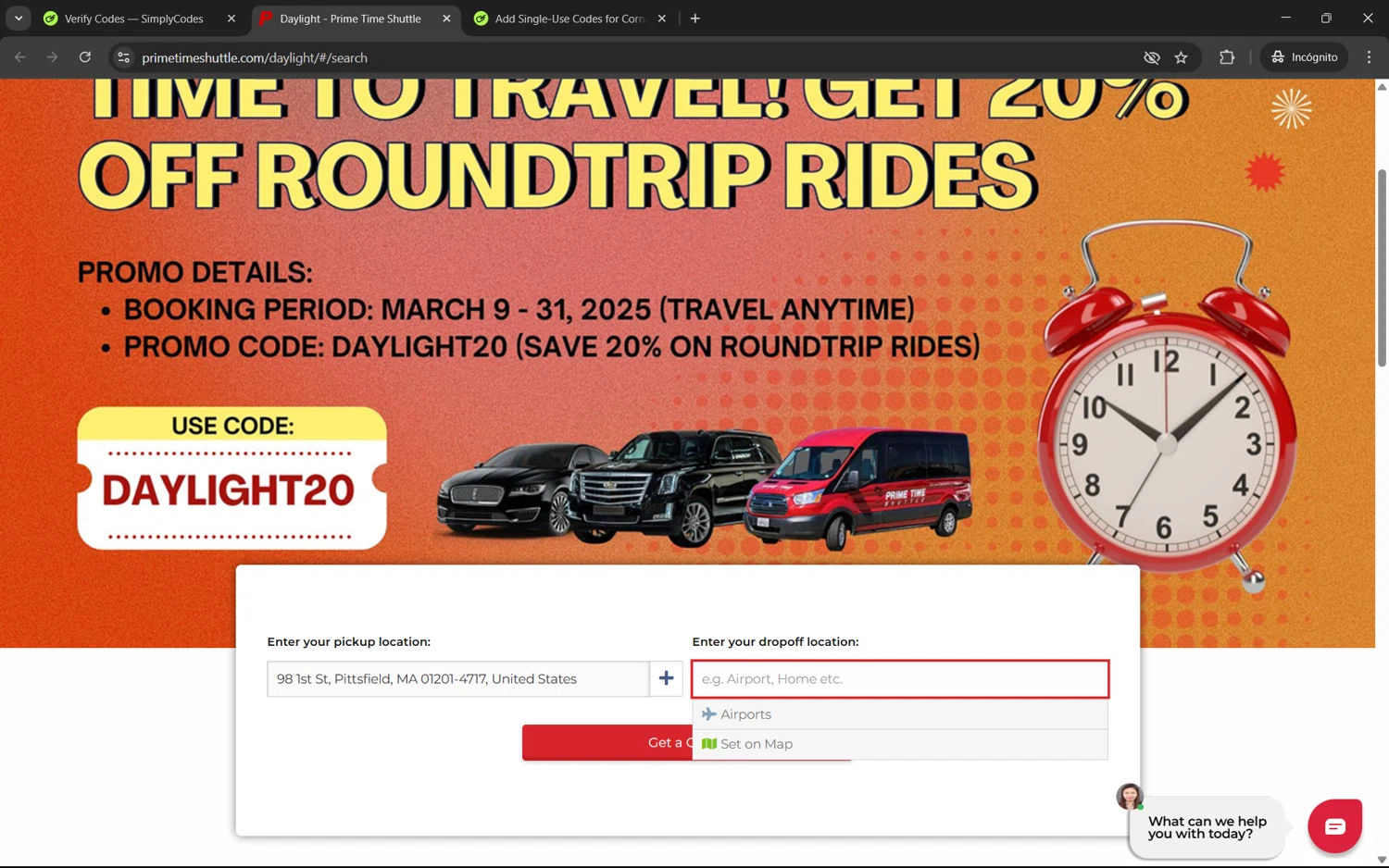 Prime Time Shuttle checkout page showing Prime Time Shuttle promo code box | Screenshot taken by SimplyCodes community member on Mar 19, 2025