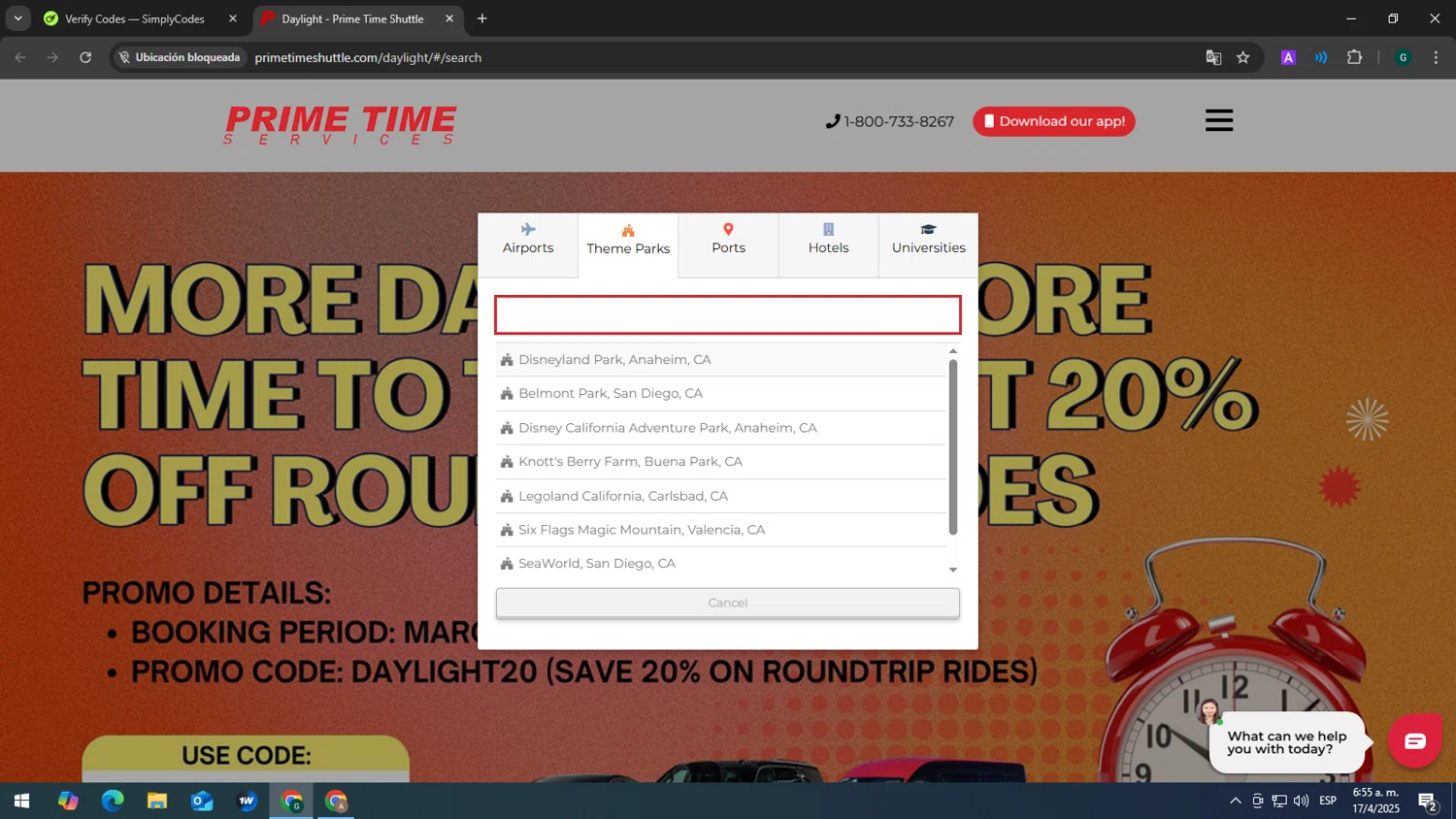 Prime Time Shuttle promo code screenshot showing code DAYLIGHT20 applied at Prime Time Shuttle checkout page. Uploaded by SimplyCodes community member tonikros on Apr 17, 2025