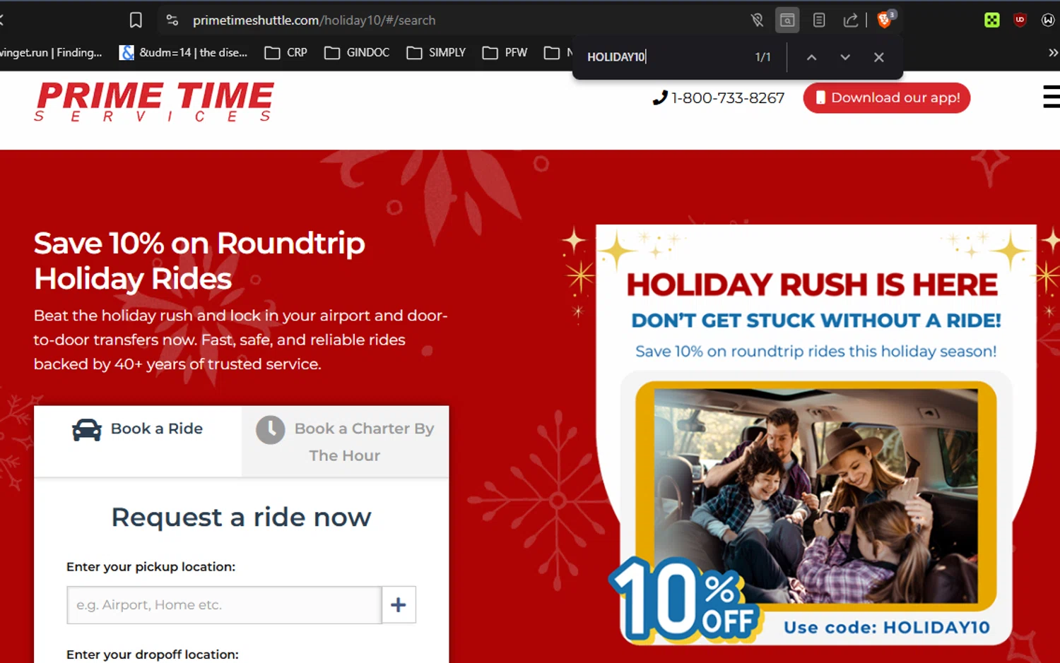 Prime Time Shuttle promo code screenshot showing code HOLIDAY10 applied at Prime Time Shuttle checkout page. Uploaded by SimplyCodes community member RickhiK on Dec 2, 2025