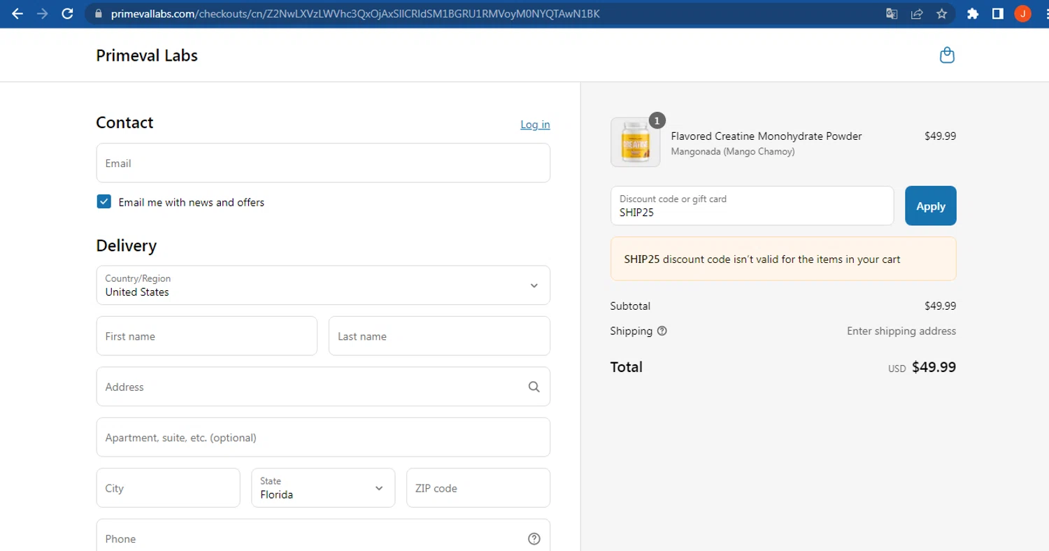 Primeval Labs promo code screenshot showing code SHIP25 applied at Primeval Labs checkout page. Uploaded by SimplyCodes community member FranquizJoel on Jun 22, 2025