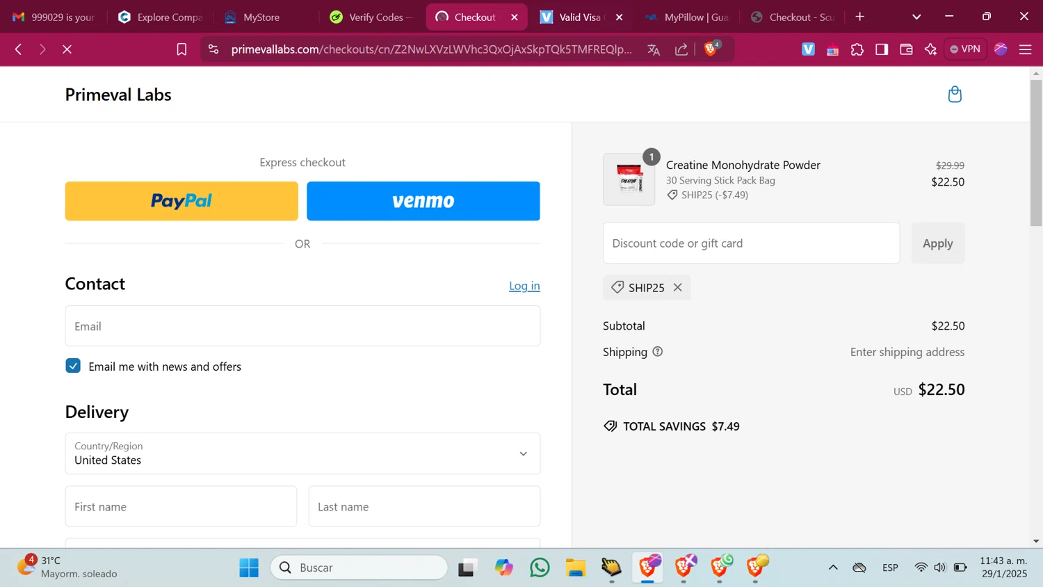 Primeval Labs promo code screenshot showing code SHIP25 applied at Primeval Labs checkout page. Uploaded by SimplyCodes community member ShrewdMonarch4436 on Jan 29, 2025