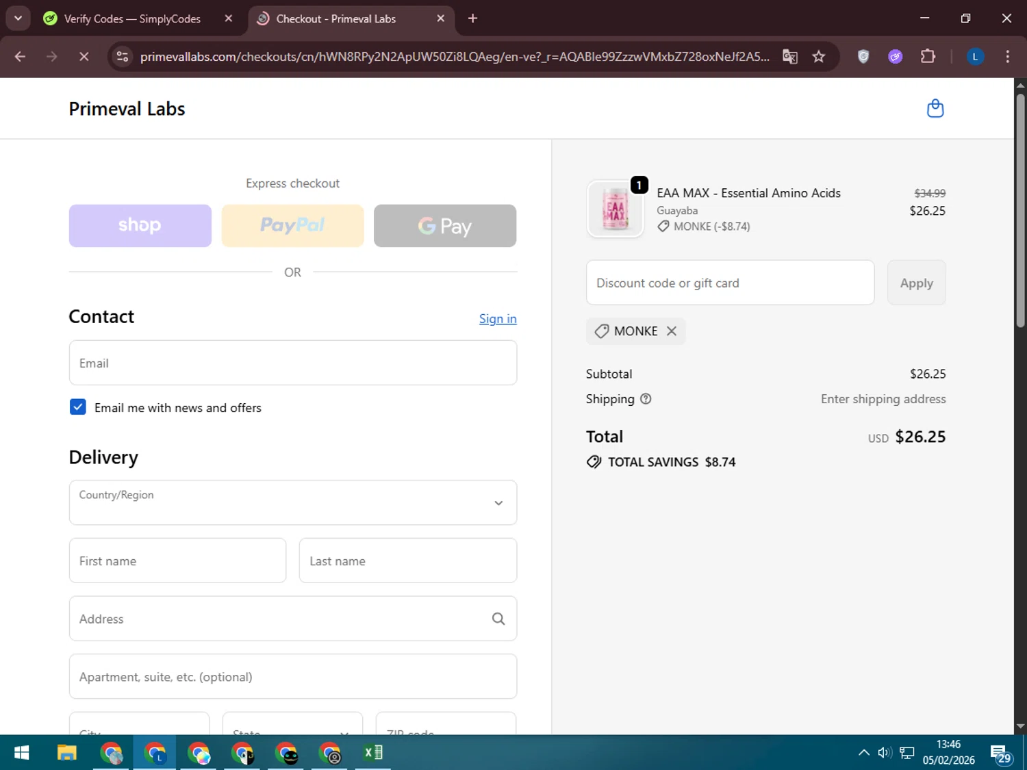 Primeval Labs promo code screenshot showing code monke applied at Primeval Labs checkout page. Uploaded by SimplyCodes community member LegendaryLegend5536 on Feb 5, 2026