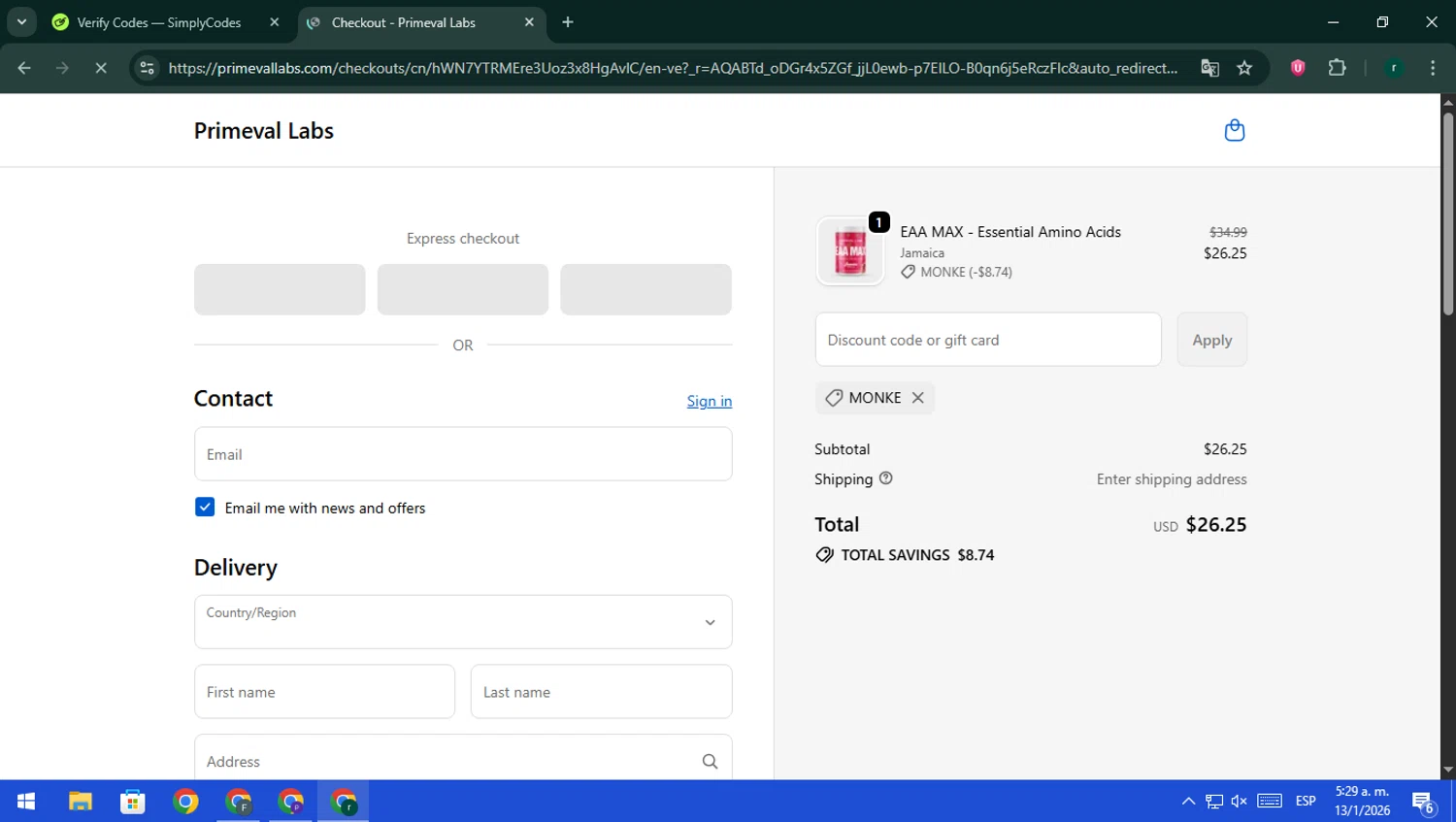 Primeval Labs promo code screenshot showing code monke applied at Primeval Labs checkout page. Uploaded by SimplyCodes community member rodri1 on Jan 13, 2026