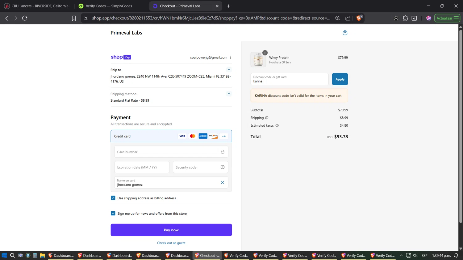 Primeval Labs promo code screenshot showing code karina applied at Primeval Labs checkout page. Uploaded by SimplyCodes community member Phoenix on Aug 9, 2025