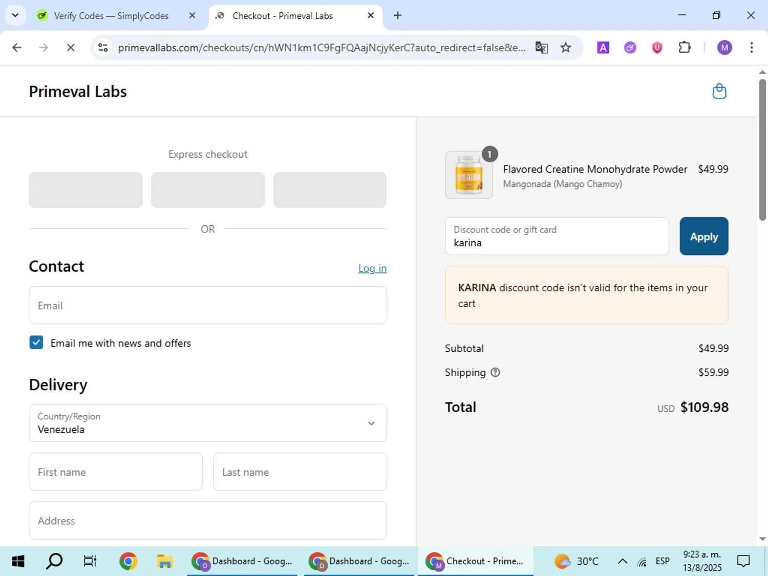 Primeval Labs promo code screenshot showing code karina applied at Primeval Labs checkout page. Uploaded by SimplyCodes community member VoucherScout6115 on Aug 13, 2025
