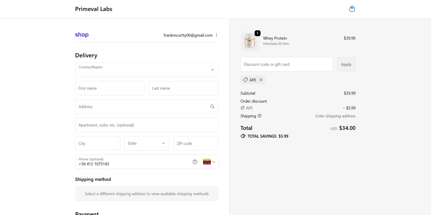 Primeval Labs checkout page showing Primeval Labs promo code box | Screenshot taken by SimplyCodes community member on Feb 10, 2026