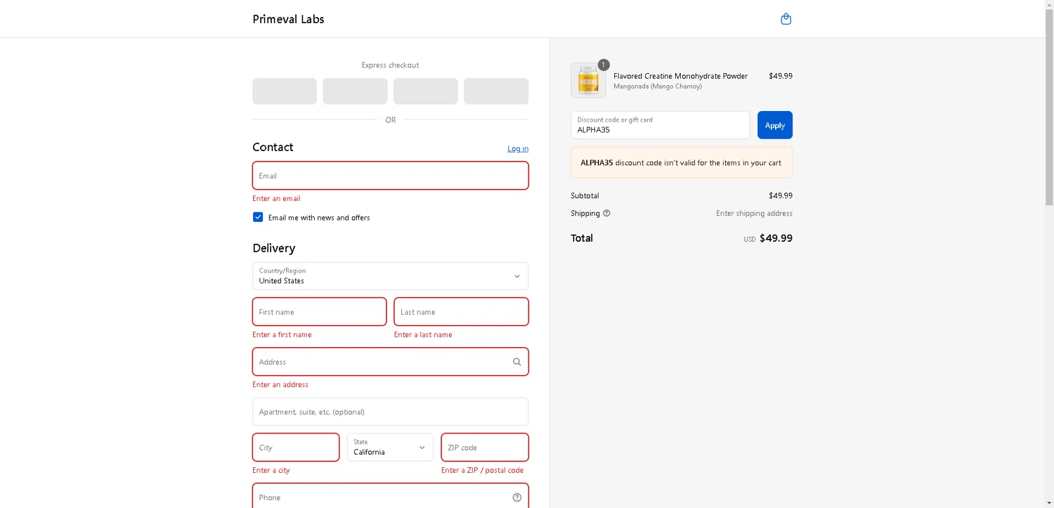 Primeval Labs promo code screenshot showing code ALPHA35 applied at Primeval Labs checkout page. Uploaded by SimplyCodes community member BargainCurator5453 on Aug 17, 2025