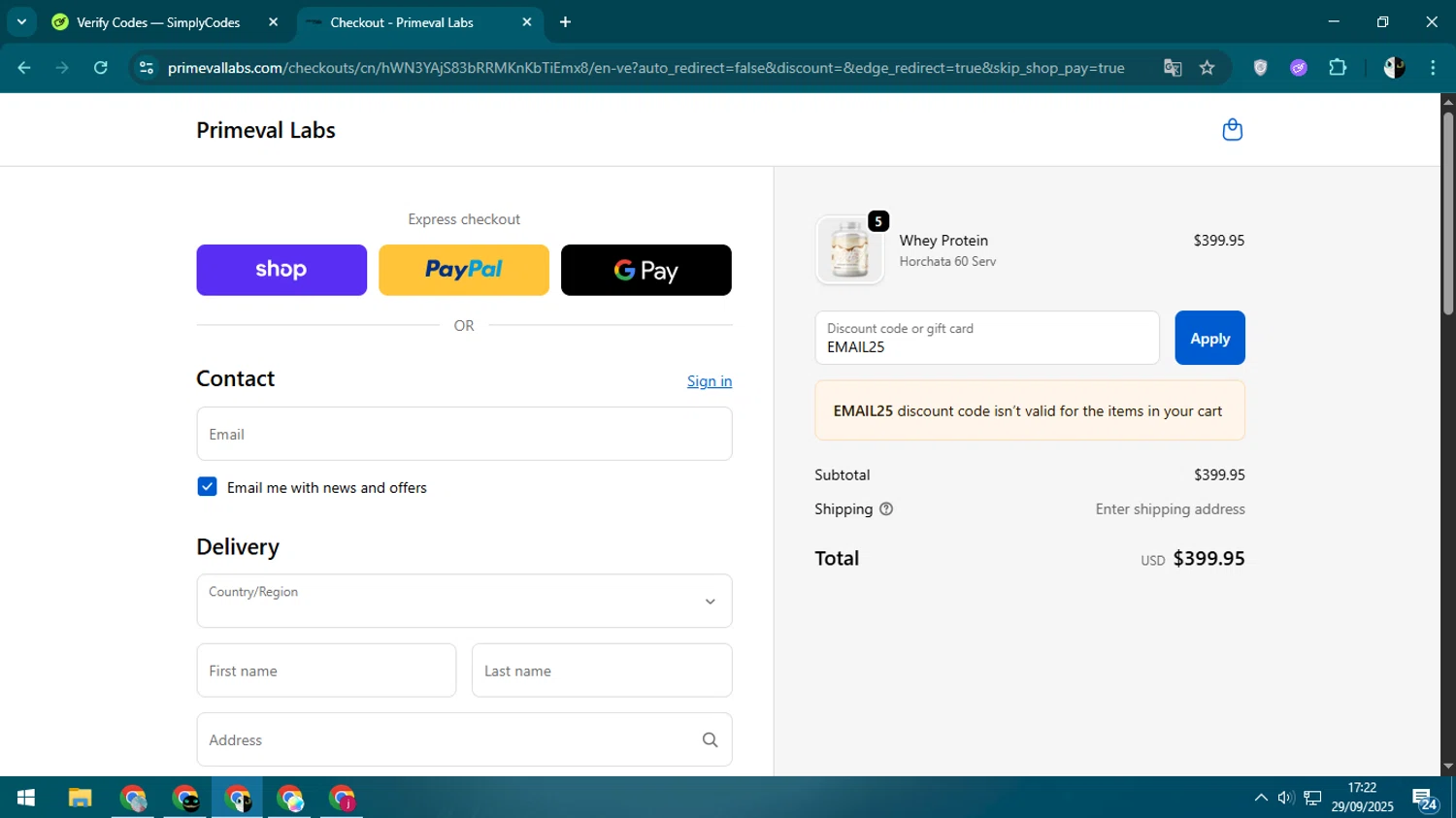Primeval Labs promo code screenshot showing code EMAIL25 applied at Primeval Labs checkout page. Uploaded by SimplyCodes community member CleverSage9163 on Sep 29, 2025
