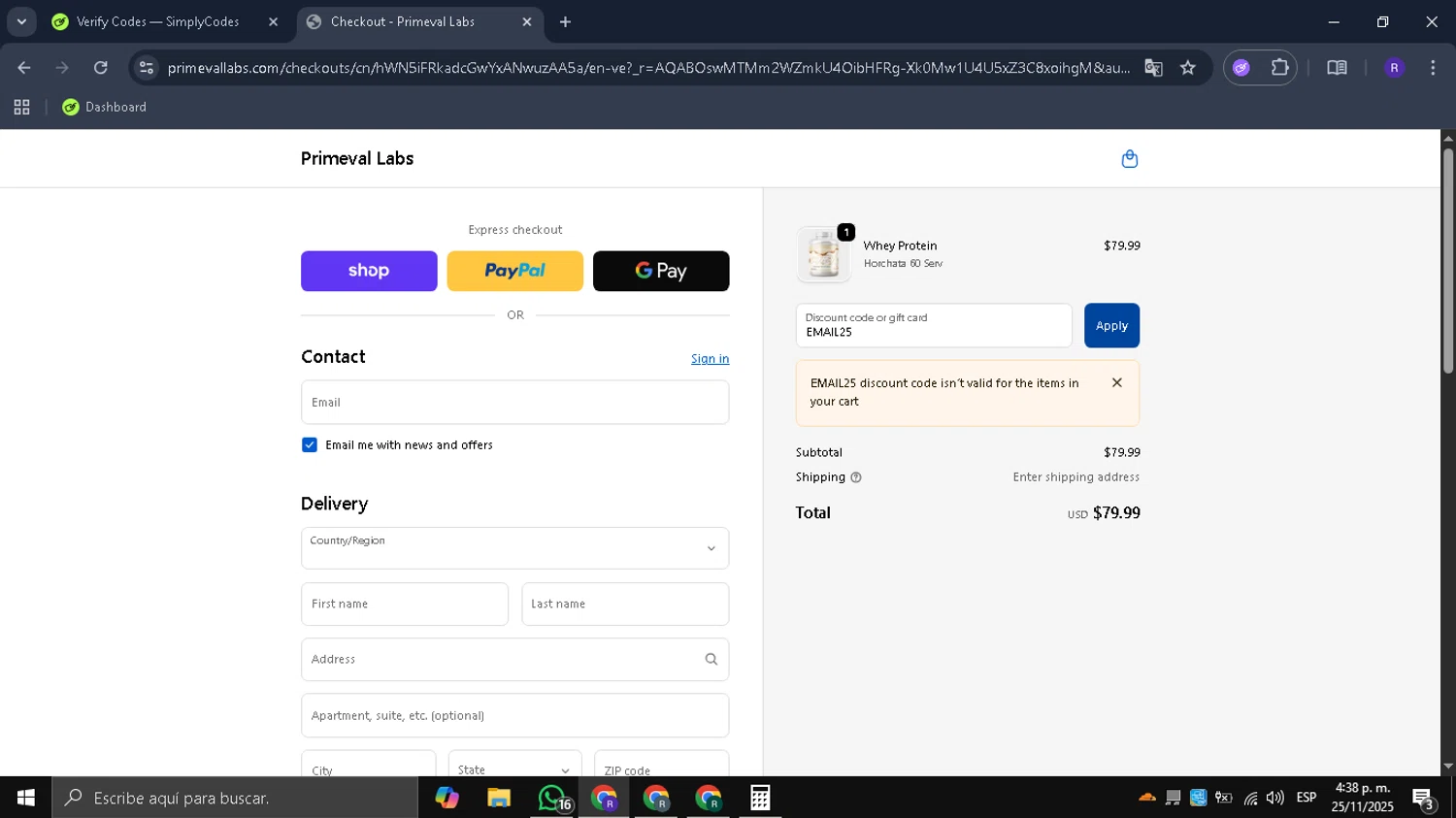 Primeval Labs promo code screenshot showing code EMAIL25 applied at Primeval Labs checkout page. Uploaded by SimplyCodes community member Mykeusername on Nov 25, 2025
