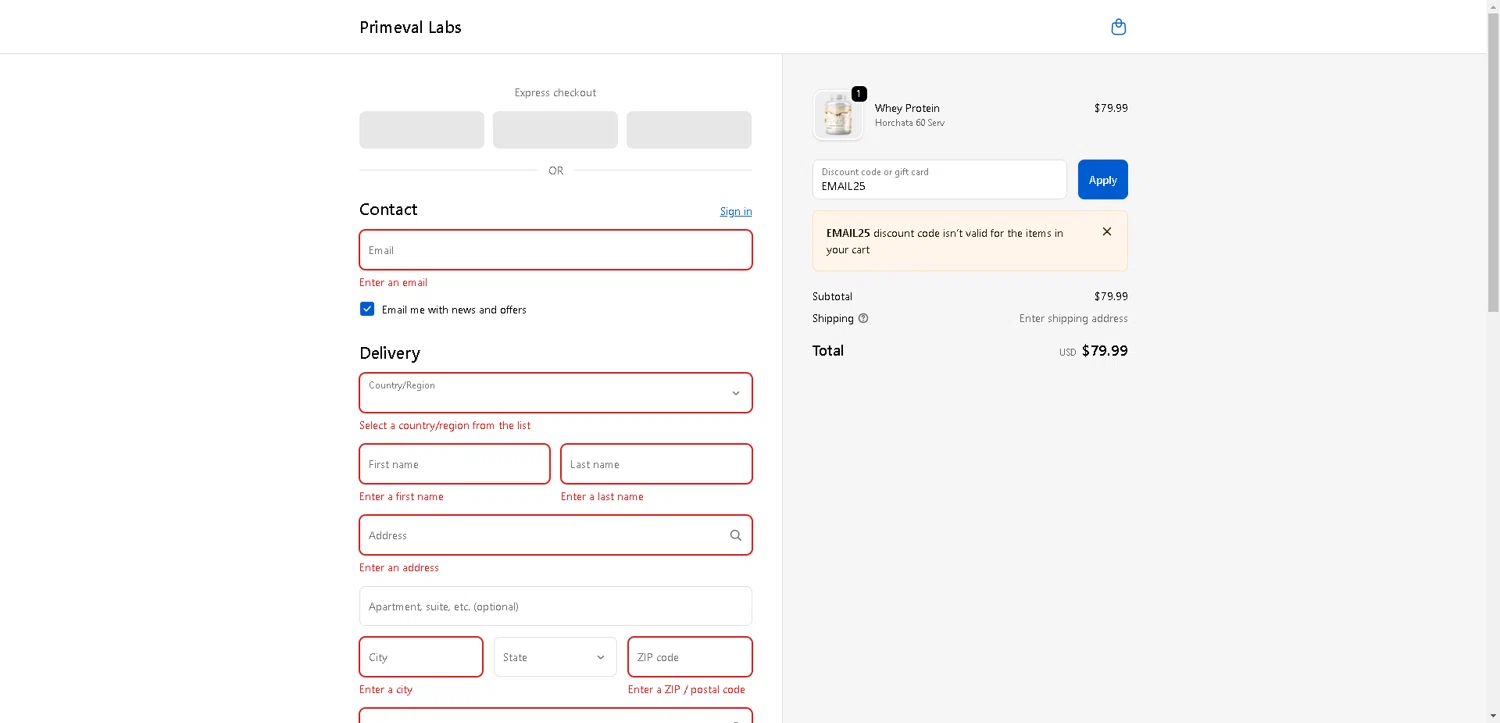 Primeval Labs promo code screenshot showing code EMAIL25 applied at Primeval Labs checkout page. Uploaded by SimplyCodes community member PrimeSentinel4675 on Oct 24, 2025
