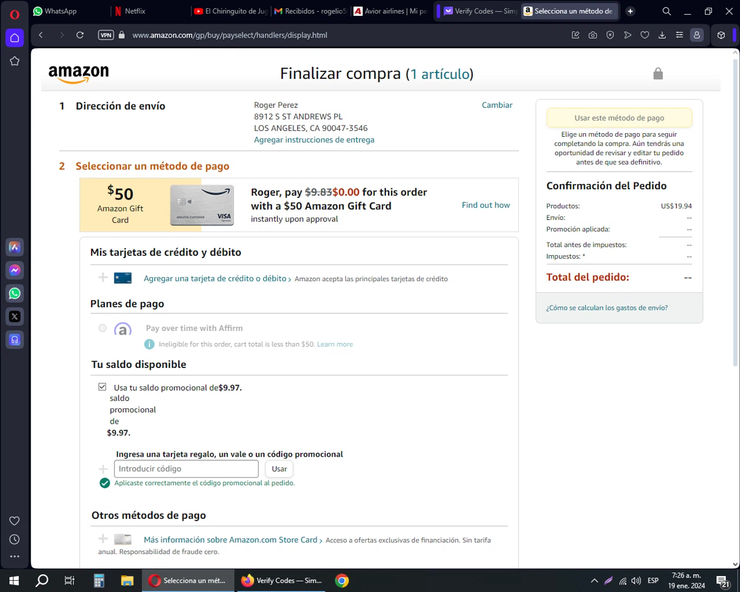 Amazon Prime Video checkout page showing Amazon Prime Video promo code box | Screenshot taken by SimplyCodes community member on Jan 19, 2024