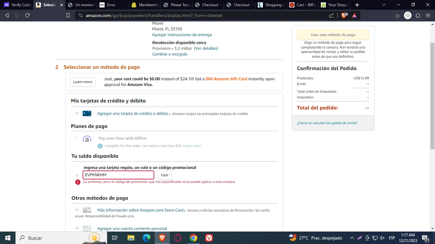 Amazon Prime Video checkout page showing Amazon Prime Video promo code box | Screenshot taken by SimplyCodes community member on Dec 21, 2023