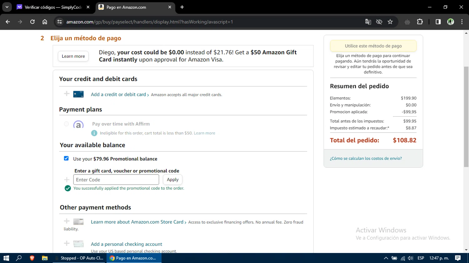 Amazon Prime Video checkout page showing Amazon Prime Video promo code box | Screenshot taken by SimplyCodes community member on Jan 11, 2024