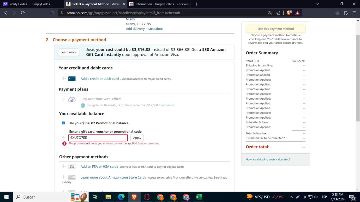 Amazon Prime Video checkout page showing Amazon Prime Video promo code box | Screenshot taken by SimplyCodes community member on Jan 13, 2024